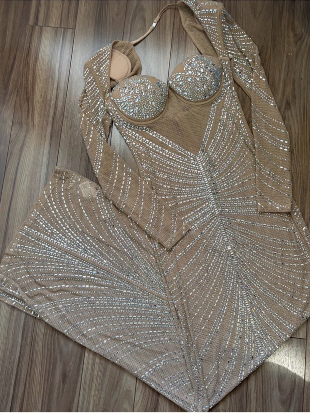 Sparkling Nude Maxi Dress With Sheer Rhinestone Detail